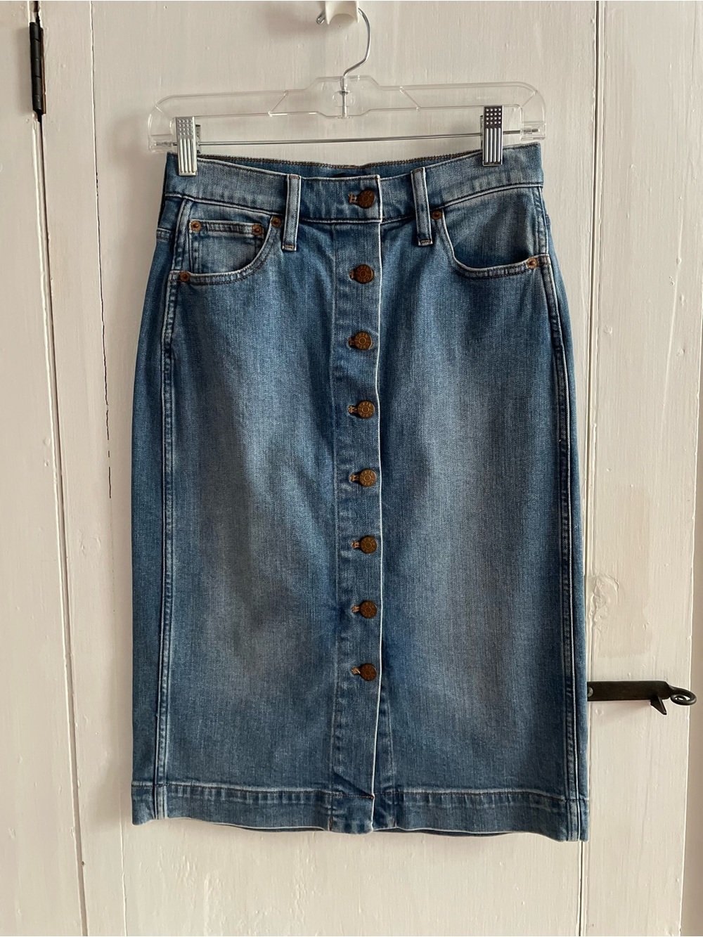 J.CREW Classic Blue Denim Full Button Front Midi Pencil Skirt Pockets Size 0